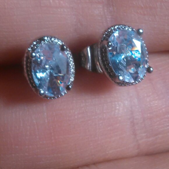 Simulated Blue and White Diamond Silvertone Brass Stud Earrings - Picture 2 of 13